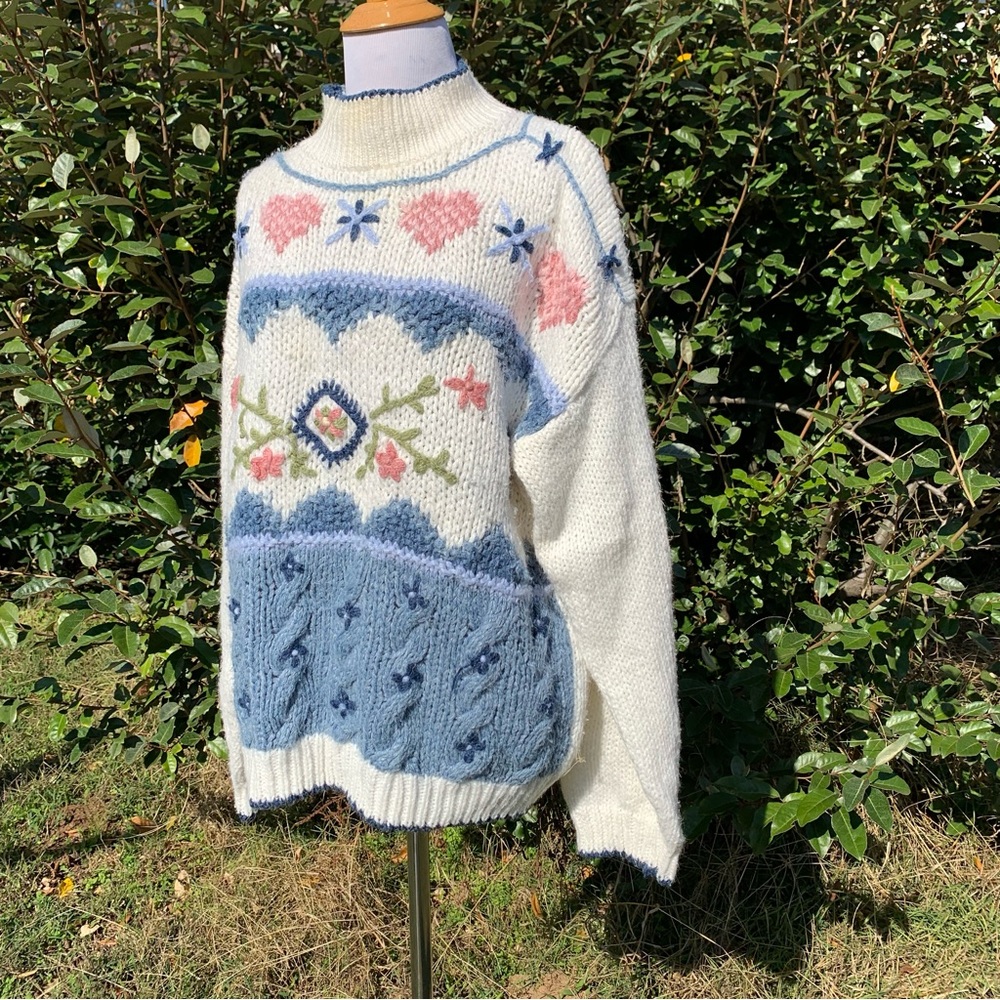 Vintage Cabin Creek Heart Floral Graphic Knit Sweater Size Large